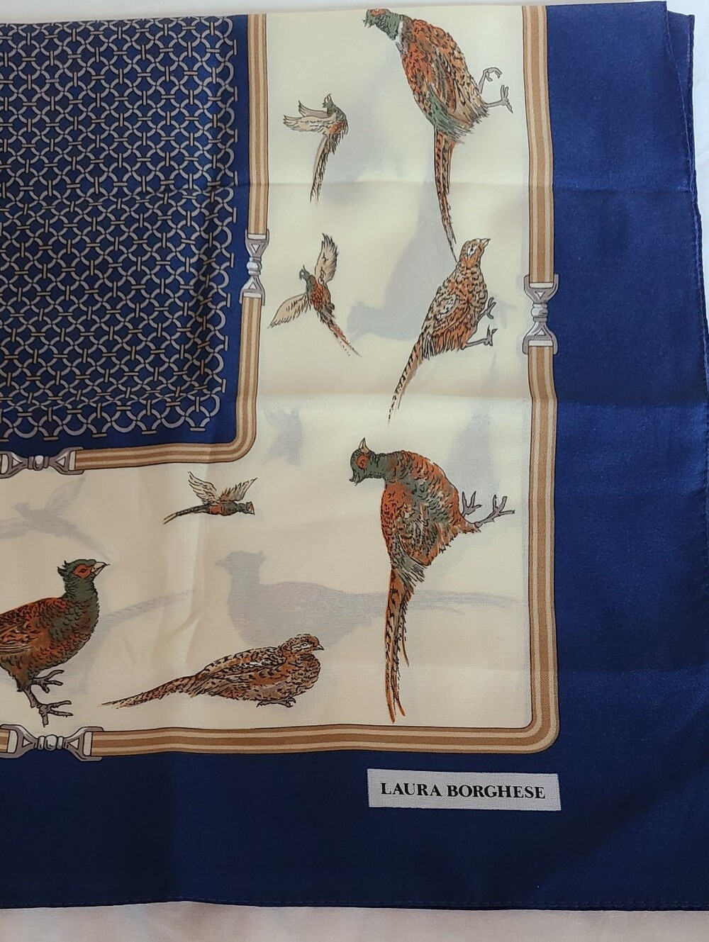 Laura Borghese Square Silk Scarf- Navy & Cream Pheasant Print